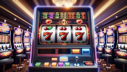 Obrazy na Plexi  Casino slot machine closeup, bar spin gamble game, lucky sevens 