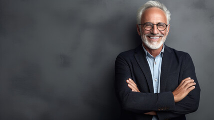 Old businessman posing isolated on grey background