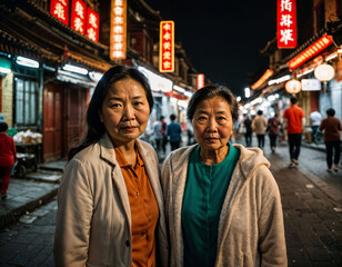 Obraz premium photo of senior old woman with friends in china local street market at night, generative AI