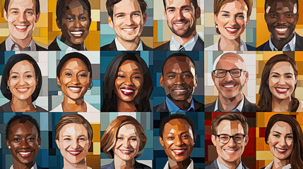 Watercolor mosaic of smiling diverse business people