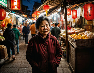 Naklejka premium photo of senior old seller woman in china local street market at night, generative AI