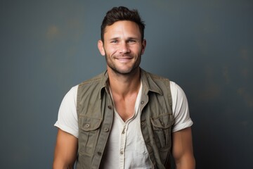 Portrait of a jovial man in his 30s wearing a rugged jean vest against a pastel or soft colors...