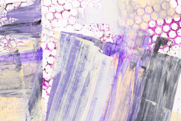 Abstract purple background. Multi-color brush strokes and paint spots on white paper, bright contrasting background, honeycomb cellular print.
