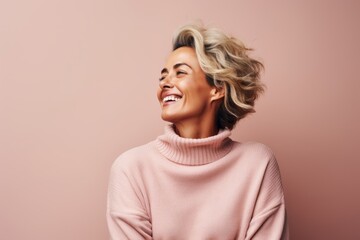 Portrait of a joyful woman in her 40s dressed in a warm wool sweater against a pastel or soft colors background. AI Generation