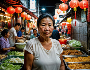 Obraz premium photo of senior old seller woman in china local street market at night, generative AI
