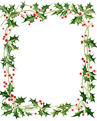 Fototapeta premium Holly leaves and berries in a Christmas frame on a transparent background