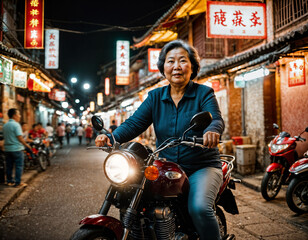 Fototapeta na wymiar photo of senior old woman driving on motorcycle through china local street market at night, generative AI