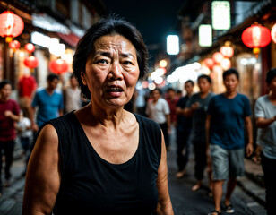 photo of senior old woman with angry mood in china local street market at night, generative AI