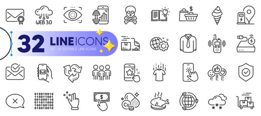 Outline set of Reject, Product knowledge and Eco energy line icons for web with Payment click, Star rating, Copper mineral thin icon. Chemical hazard, Snow weather, Transmitter pictogram icon. Vector