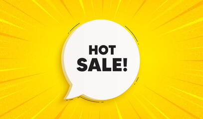 Hot Sale tag. Speech bubble sunburst banner. Special offer price sign. Advertising Discounts symbol. Hot sale chat speech message. Yellow sun burst background. Vector