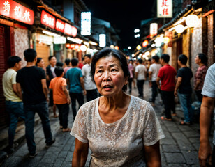 photo of senior old woman with angry mood in china local street market at night, generative AI