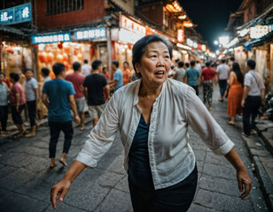 photo of senior old woman with angry mood in china local street market at night, generative AI