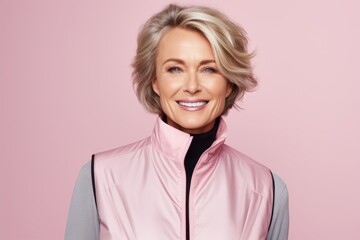 Portrait of a satisfied woman in her 50s dressed in a water-resistant gilet against a pastel or...