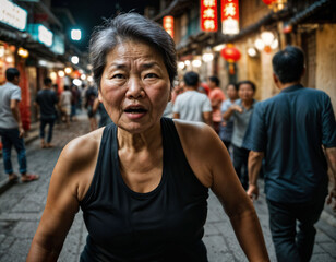 Fototapeta premium photo of senior old woman with angry mood in china local street market at night, generative AI