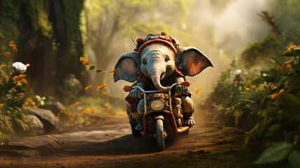 baby Elephant riding a bike or bicycle - obrazy, fototapety, plakaty