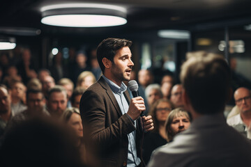 A man with a microphone in his hands speaks to colleagues at a meeting in a conference room