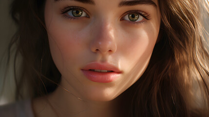Fototapeta premium 25 year old woman with radiant and fresh skin, photo shoot, beauty model, light background, close-up of face
