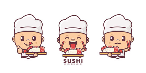 cute chef cartoon mascot with sushi