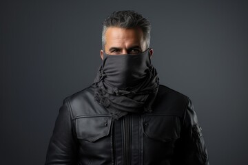 Portrait of a jovial man in his 40s wearing a protective neck gaiter against a minimalist or empty room background. AI Generation