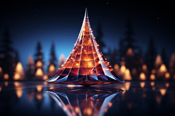 modern Christmas tree Beautiful glossy shiny with neon glow with futuristic design elements - obrazy, fototapety, plakaty