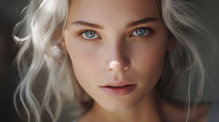 Obraz premium 25 year old woman with radiant and fresh skin, photo shoot, beauty model, light background, close-up of face