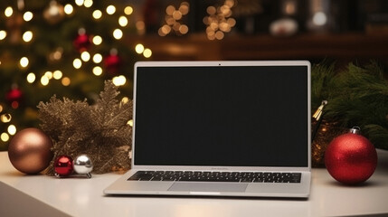 Fototapeta na wymiar Laptop with blank screen on white table in front of christmas tree.