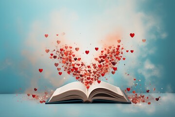open book with hearts coming out. Design for romantic literature, love message or banner, Valentine advertisement. Generative AI