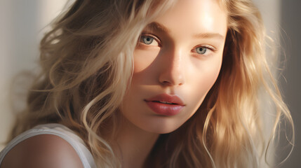 Fototapeta premium 25 year old woman with radiant and fresh skin, photo shoot, beauty model, light background, close-up of face