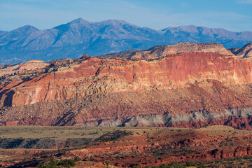 Closeup image of a rock formation in Utah with directional late afternoon sunlight. High-quality photo showing millions of years of geological activity 