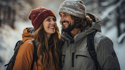 Young couple in warm clothes and hats with backpacks on hiking trip through the winter forest - obrazy, fototapety, plakaty
