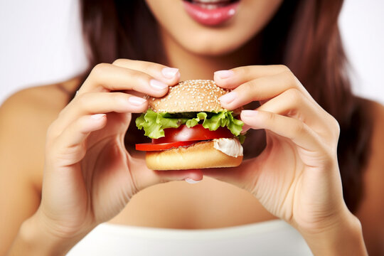 Close-Up of Woman's Lips Savoring a Flavorful Burger Delight AI generated