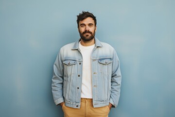 Obraz premium Portrait of a glad man in his 30s sporting a rugged denim jacket against a solid pastel color wall. AI Generation
