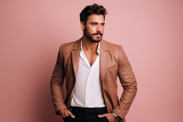 Obraz premium Portrait of a blissful man in his 30s sporting a stylish leather blazer against a solid pastel color wall. AI Generation
