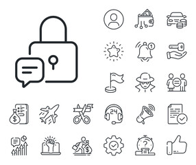 Padlock with chat bubble sign. Salaryman, gender equality and alert bell outline icons. Lock line icon. Message protection symbol. Lock line sign. Spy or profile placeholder icon. Vector
