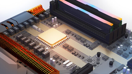 An illustration of the components of a basic computer.computer technology in the workplace, isometric ,3d rendering - obrazy, fototapety, plakaty