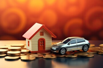 A stylized image of a small house and a metallic car on a background of coins with orange-red bokeh.