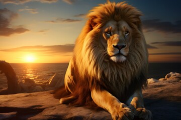 Golden Horizon Majesty: Lion King Surveying His Realm at Dusk