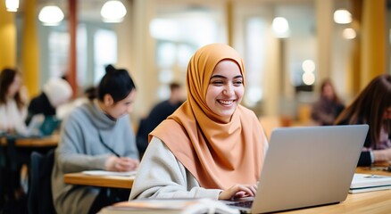 A young Asian student in a hijab smiles while working on a laptop in the library. - Powered by Adobe