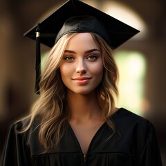 Young Caucasian blonde woman in academic gown and cap, smiling at a graduation ceremony.