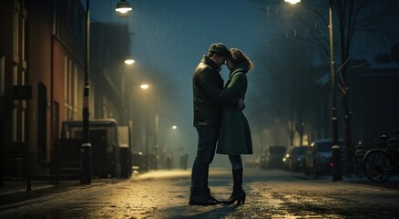 An adult couple, a man and a woman, kiss on a snowy night street illuminated by street lamps. Valentine's Day concept - obrazy, fototapety, plakaty