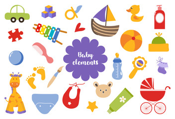 A set for newborns with cartoon elements in a flat design. A set of children's toys, clothes, care products and other decorative stickers.Vector illustration - obrazy, fototapety, plakaty
