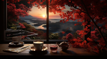 coffee cup on the table with sunset nature view from window