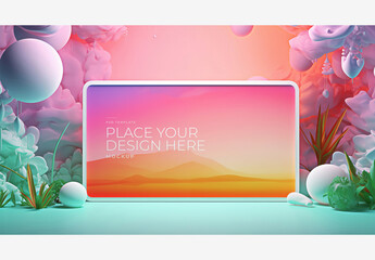 Fantasy Vivid Frame Mockup Template: Colorful Computer Screen with Clouds, Balloons, and Grass - Perfect for Your Design! Frame Mockup Template Fantasy