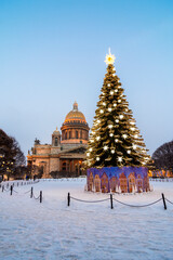 New Year's Petersburg. New Year tree on St. Isaac's Square. St. Isaac's Cathedral on New Year's...