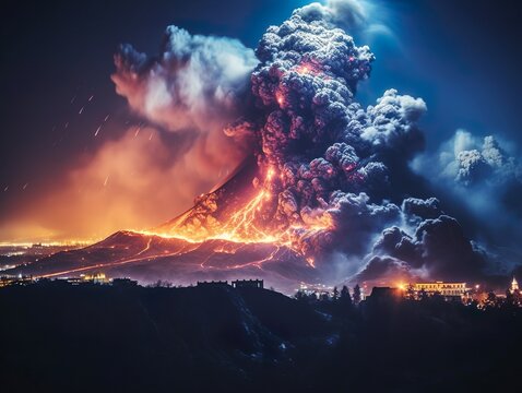 Volcano eruption in Iceland. Grindavik city. Imagination of volcanic eruption in the city. 