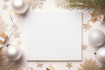 Obraz premium Christmas greeting card mockup with white christmas decorations on white background. Flat lay, top view, copy space.