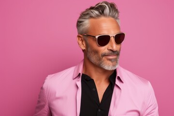 Portrait of a content man in his 40s wearing a trendy sunglasses against a solid pastel color wall....