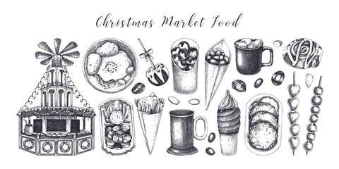 Christmas market design elements. Hand drawn vector illustration. Traditional winter holiday marketplace. Wooden stall kiosk.  Bakery, fast food, mulled wine, sweets sketches