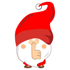 Christmas Gnomes character holding hand near mouth silence. Shhh symbol