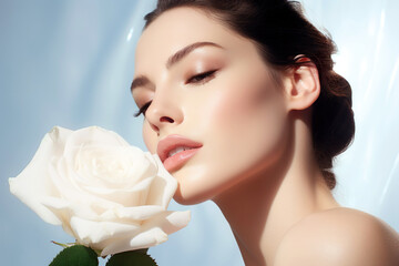 Naklejka premium Joyful caucasian woman with a fresh white rose in a blue studio setting